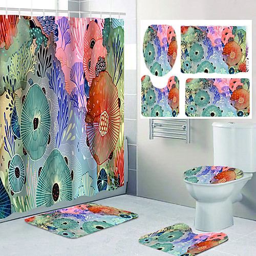 

All Kinds of Colorful Flowers and Digital Printing Waterproof Fabric Shower Curtains for Bathroom Home Decoration Curtains with Hooks Bathroom Four-piece Set