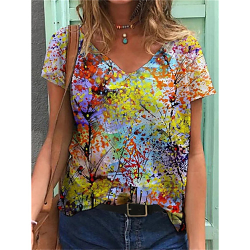 

Women's T shirt Graphic Floral Print V Neck Tops Basic Basic Top Purple Red Peach