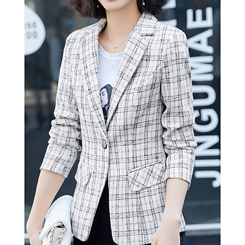 

Women's Blazer Blazer Plaid Regular Fit Polyester Men's Suit White / Black - Notch lapel collar