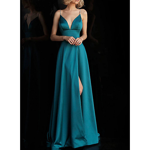 

A-Line Elegant Sexy Prom Formal Evening Dress V Neck Sleeveless Sweep / Brush Train Satin with Pleats Split 2021