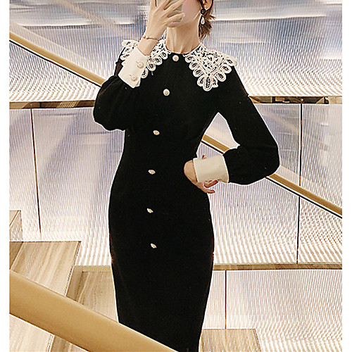 

Sheath / Column Little Black Dress Minimalist Homecoming Cocktail Party Dress Peter Pan Collar Long Sleeve Knee Length Spandex with Buttons Lace Insert 2021