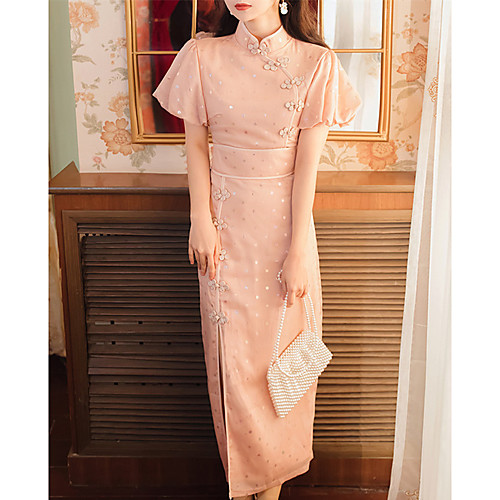 

Sheath / Column Glittering Chinese Style Party Wear Wedding Guest Dress Stand Collar Short Sleeve Ankle Length Spandex with Buttons Pattern / Print 2021