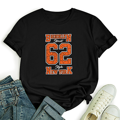 

Women's T shirt Graphic Letter Print Round Neck Tops 100% Cotton Basic Basic Top White Black Blue