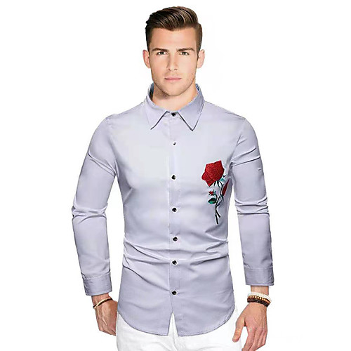 

Men's Shirt Floral Solid Colored Embroidered Long Sleeve Daily Slim Tops Business Basic White Black Navy Blue / Work