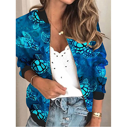 

Women's Jacket Daily Spring & Fall Regular Coat Regular Fit Active Streetwear Jacket Long Sleeve Animal Patterned Print Blue / Holiday / Beach