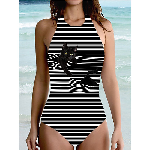 

Women's One Piece Monokini Swimsuit Halter 3D Print Cat Animal Black Swimwear Strap Bathing Suits New Sexy