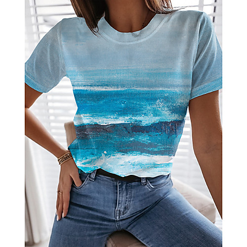 

Women's Holiday 3D Printed Painting T shirt Graphic 3D Print Round Neck Basic Tops Blue Green Light Blue / Going out