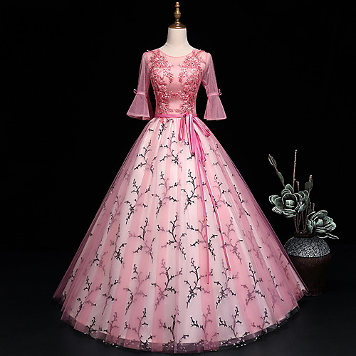 

Ball Gown Luxurious Floral Quinceanera Prom Dress Jewel Neck 3/4 Length Sleeve Floor Length Tulle with Sash / Ribbon Embroidery 2021