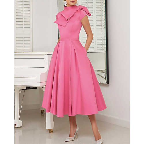 

A-Line Mother of the Bride Dress Elegant Vintage High Neck Tea Length Satin Short Sleeve with Sash / Ribbon Bow(s) Pleats 2021