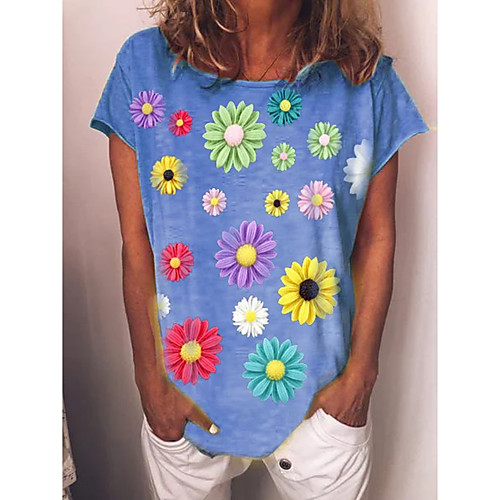 

Women's T shirt Floral Print Round Neck Tops Cotton Basic Basic Top Blue Yellow Green