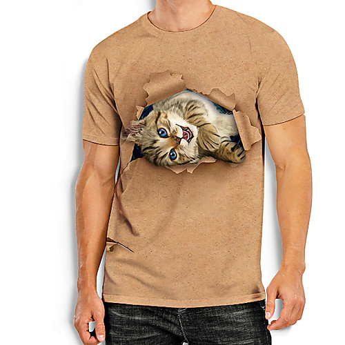 

Men's Tee T shirt Shirt 3D Print Cat Graphic Prints Animal Print Short Sleeve Daily Tops Basic Casual Khaki
