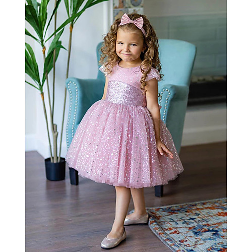 

Princess Knee Length Flower Girl Dresses Party Tulle Cap Sleeve Jewel Neck with Pleats