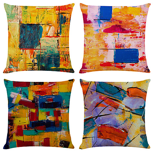 

4 pcs Faux Linen Pillow Cover, Abstract Simple Classic Square Zipper Traditional Classic