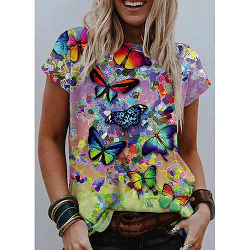

Women's Going out Butterfly Painting T shirt Floral Graphic Butterfly Print Round Neck Basic Tops Purple Yellow Green