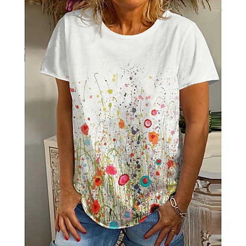 

Women's Going out Floral Theme Painting T shirt Floral Graphic Print Round Neck Basic Tops White
