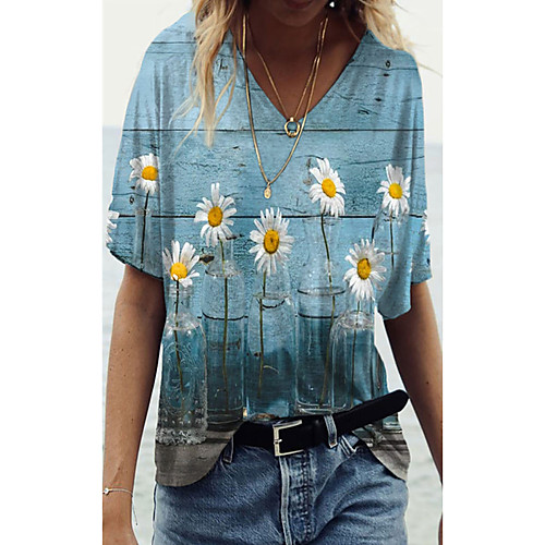 

Women's T shirt Floral Print V Neck Tops Basic Basic Top Blue