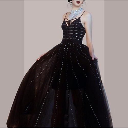 

A-Line Sparkle Sexy Wedding Guest Formal Evening Dress Spaghetti Strap Sleeveless Floor Length Tulle with Pleats Crystals 2021
