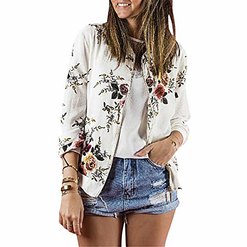 

leepus women floral print bomber jacket long sleeves zipper front baseball jacket casual coats white