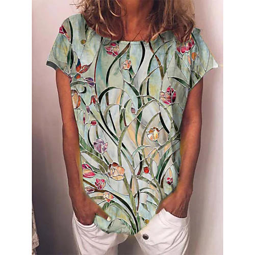 

Women's T shirt Floral Round Neck Tops Basic Basic Top Green