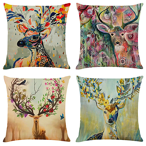 

4 pcs Faux Linen Pillow Cover, Cartoon Simple Classic Square Zipper Traditional Classic