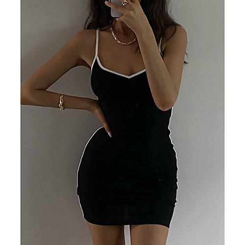 

Women's Strap Dress Short Mini Dress Black Sleeveless Solid Color Summer V Neck Elegant 2021 S M L