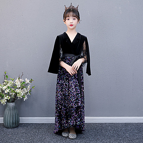 

Sheath / Column Asymmetrical Flower Girl Dresses Event / Party Sequined 3/4 Length Sleeve V Neck with Belt / Formal Evening