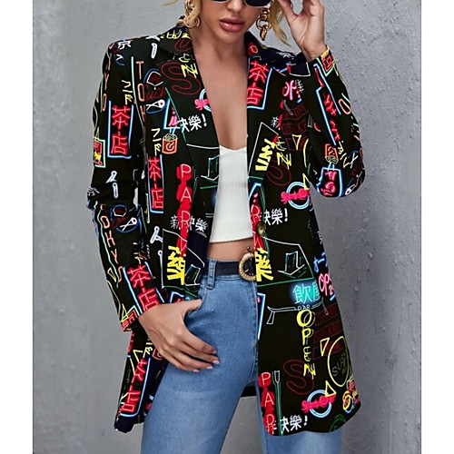 

Women's Blazer Blazer Halloween Letter Regular Fit Cotton Men's Suit White / Black - Notch lapel collar