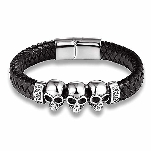 

Black Braided Leather Triple Skull Bracelet for Men