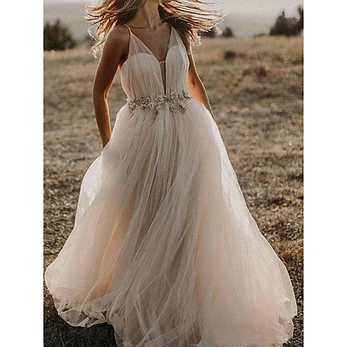 

A-Line Wedding Dresses Spaghetti Strap Sweep / Brush Train Tulle Sleeveless Country Beach Sexy with Pleats Crystals 2021