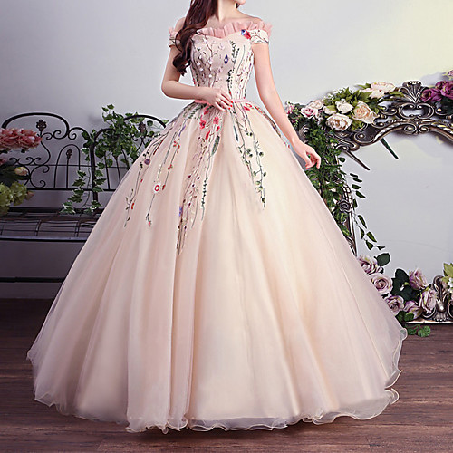 

Ball Gown Luxurious Floral Quinceanera Prom Dress Off Shoulder Short Sleeve Floor Length Tulle with Pleats Embroidery 2021