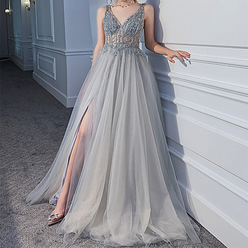 

A-Line Beautiful Back Luxurious Engagement Formal Evening Dress V Neck Sleeveless Sweep / Brush Train Tulle with Sequin Split 2021