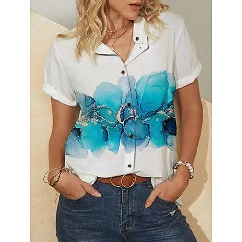 

Women's Blouse Shirt Graphic Print Standing Collar Tops Blue Blushing Pink