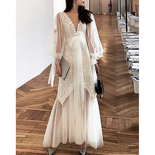 

A-Line Empire Sexy Wedding Guest Formal Evening Dress V Neck Long Sleeve Ankle Length Tulle with Bow(s) Lace Insert 2021