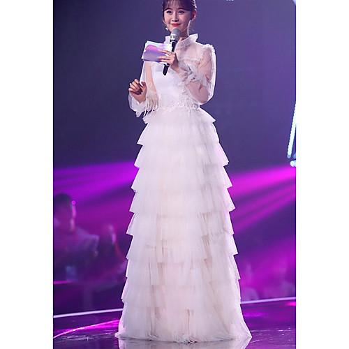 

A-Line Celebrity Style Elegant Wedding Guest Formal Evening Dress Illusion Neck Long Sleeve Floor Length Tulle with Tier Lace Insert 2021