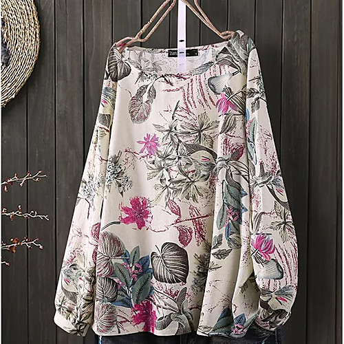 

Women's Blouse Floral Long Sleeve Patchwork Round Neck Basic Tops 100% Cotton Red Yellow Dusty Blue