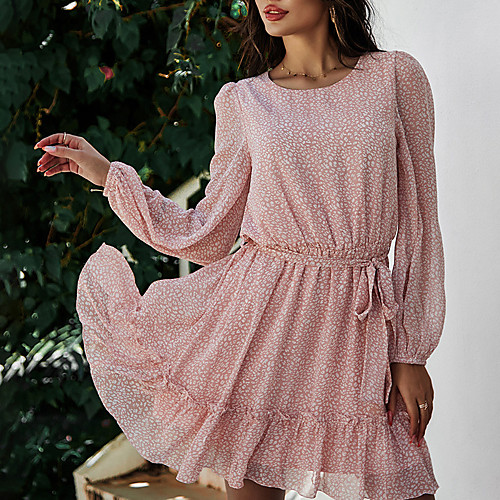 

Women's Chiffon Dress Knee Length Dress Light Blue Light Green Pink Green Black Red Long Sleeve Polka Dot Spring Summer Round Neck Elegant Casual 2021 S M L XL