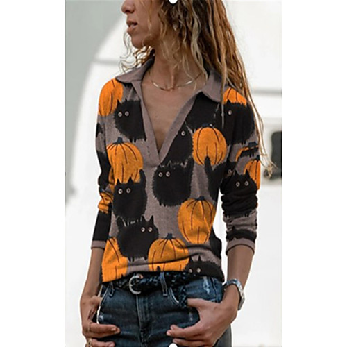 

Women's Blouse Shirt Cat Pumpkin Long Sleeve Print Shirt Collar Basic Tops Brown