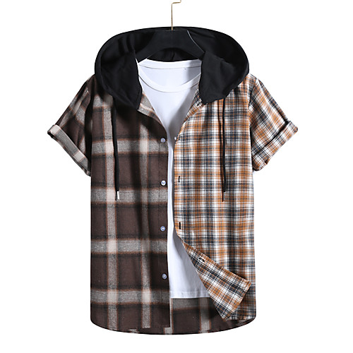 

Men's Shirt Lattice Short Sleeve Casual Tops Casual Brown