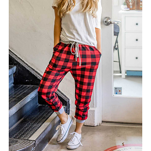 

Women's Streetwear Athleisure Comfort Weekend Home Chinos Pants Plaid Ankle-Length Sporty Elastic Drawstring Design Black Red