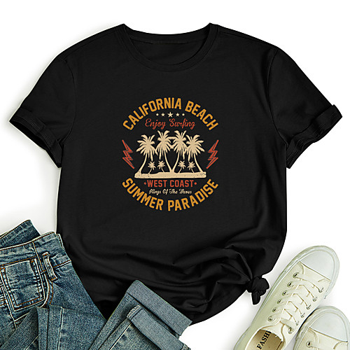 

Women's T shirt Graphic Letter Print Round Neck Tops 100% Cotton Basic Basic Top White Black Blue