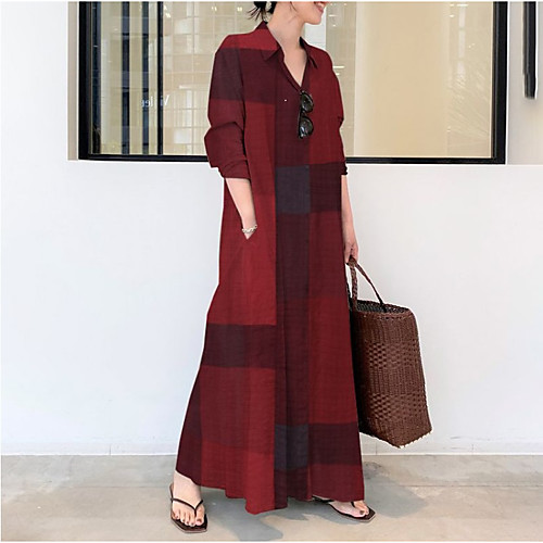 

Women's Shirt Dress Maxi long Dress Yellow Dusty Blue Red Long Sleeve Geometric Pocket Patchwork Fall Spring Shirt Collar Elegant Formal 2021 S M L XL XXL 3XL 4XL 5XL