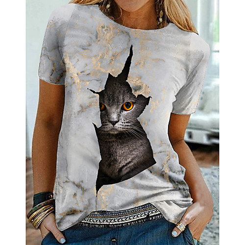 

Women's 3D Cat T shirt Cat Graphic 3D Print Round Neck Basic Tops Gray