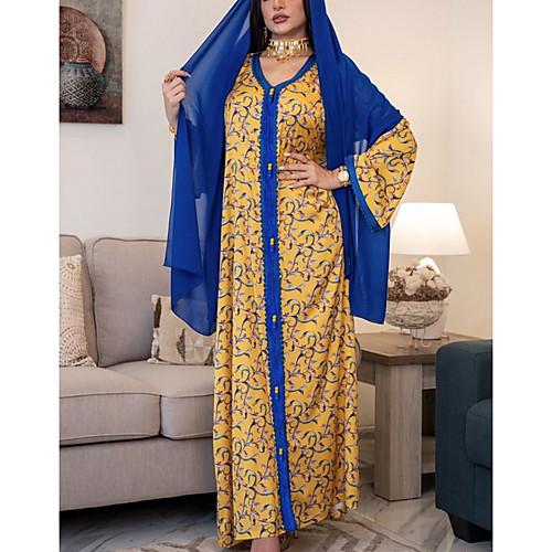 

Women's Kaftan Dress Maxi long Dress Gold Long Sleeve Solid Color Patchwork Summer Round Neck Casual 2021 S M L XL XXL