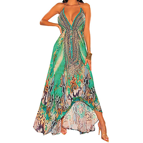 

Women's Swing Dress Maxi long Dress Blue Green Red Light Green Sleeveless Print Sequins Plus High Low Print Summer V Neck Elegant Sexy Loose 2021 S M L XL
