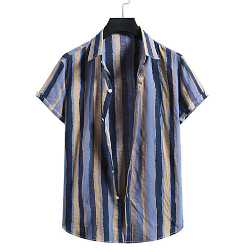 

Men's Shirt Other Prints Striped Print Short Sleeve Casual Tops Hawaiian Button Down Collar Blue Gray