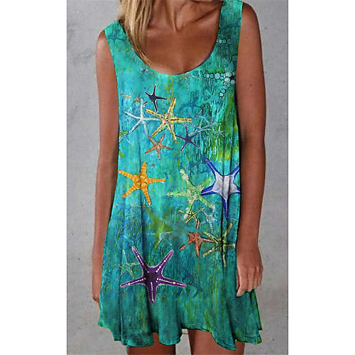 

Women's Swing Dress Short Mini Dress Green Sleeveless Solid Color Animal Print Fall Summer Square Neck Elegant Casual Loose 2021 S M L XL