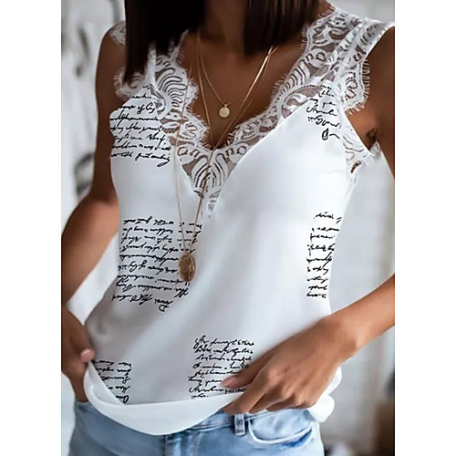 

Women's Going out Camisole Vest T shirt Letter Patchwork Lace Trims Print V Neck Basic Sexy Tops White Black Light Brown