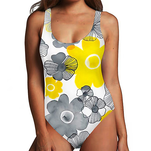 

Women's One Piece Monokini Swimsuit Tummy Control Print Floral Color Block Yellow Swimwear Bodysuit Strap Bathing Suits New Fashion Sexy / Padless
