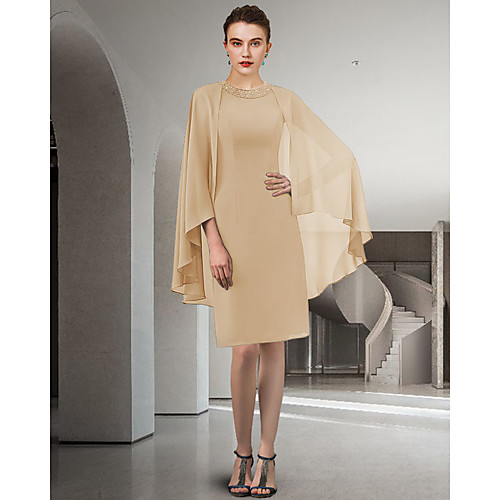 

Two Piece Sheath / Column Mother of the Bride Dress Elegant Jewel Neck Knee Length Chiffon Long Sleeve with Beading Ruffles 2021