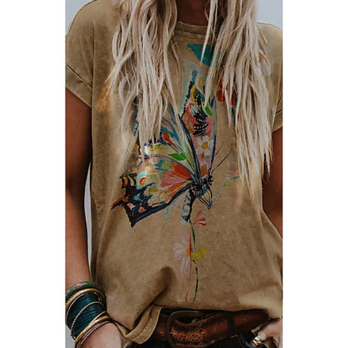 

Women's T shirt Butterfly Round Neck Tops Basic Basic Top Khaki